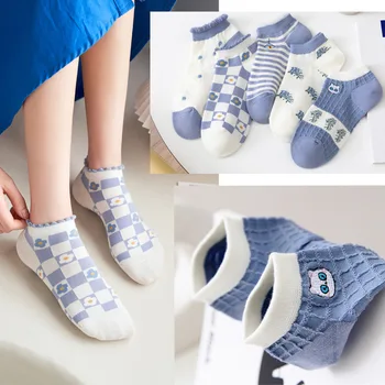 10 komada = 5 parova, Nove proljeće-ljeto ženske čarape-papuče s slatka cvjetnim plavim trakama, ženske čarape za odmor, ženski