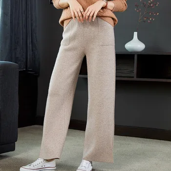 100% vuneni pleteni široke hlače, ženske jesensko-zimske ravne hlače s visokim strukom, утолщенная gornja odjeća, slobodne ženske hlače 0