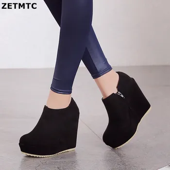 2021 godine, jesensko-zimske Nove elegantne ženske čizme, Ukusan cipele na танкетке s okruglim vrhom i platformi, ženske čizme, velike dimenzije 32-43 0
