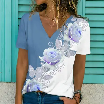 2022 Godišnja ženska t-shirt s cvjetnog teme, Cvjetnim ispis, V-izrez, Osnovne Vrhovima, Plava, Roza, Crvena / 3D print 0