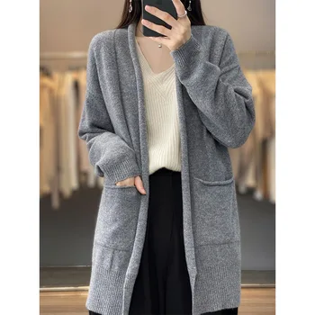 2022 Jesen i zima, Novi Stil, kardigan je srednje dužine i ovratnika, 100% Čista vuna, kvalitetan ženski kaput u zapadnom stilu za odmor