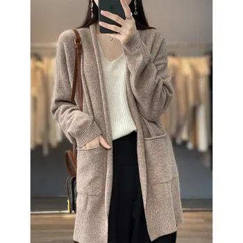 2022 Jesen i zima, Novi Stil, kardigan je srednje dužine i ovratnika, 100% Čista vuna, kvalitetan ženski kaput u zapadnom stilu za odmor 2