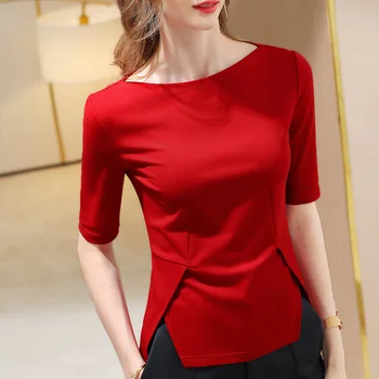 Crvena majica s kratkim rukavima, ženska proljeće-jesen unutarnja odjeća, osnovni stil, ovratnik s prorezom u jednu riječ, majice Y2k (S-3XL)