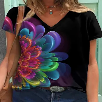 Godišnji Seksi Lijepa ženska majica s V-izrez i kratkim rukavima, sa živim bojama, Majice za svaki dan u stilu харадзюку, Svakodnevni ženska Odjeća