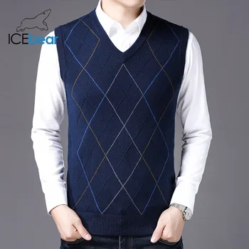 ICEbear 2021 jesen novi muški džemper, prsluk s v-izrez, muške casual džemper s dijamant rešetaka, poslovna muška odjeća 1815