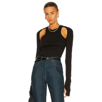 Jesen je novi moderan dizajn, ramena, šuplje, lažni, dvije crne tanke majice s dugim rukavima, ženska хлопковая donja košulja sa visokom elastičnošću