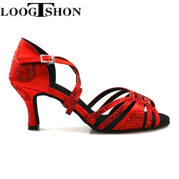 Loogtshon cipele za latino američkim plesovima, ženske Cipele Za latino američkim plesovima, sjajni CRVENI saten Ženske cipele za salsu, Predivna i udobna, crvena strast