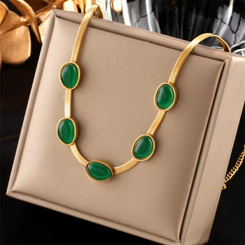 MEYRROYU 316L Stainless Steel Green Stone Jade Snake Chain Collar Necklaces For Women Party Poklon New nakit za žene Bijoux