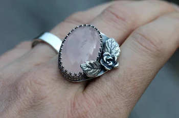Modni Prsten s Cvijetom Ruže Srebrne Boje, Berba Metalne Urezana Lišće, Umetnut je u Roza Цирконием, Angažman Vjenčano Prstenje za Žene 0
