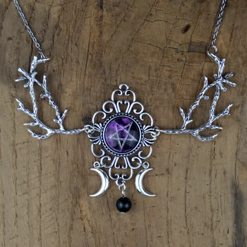 Pentagram stakleni privjesak u obliku polumjeseca vještica ogrlica викка gotički nakit