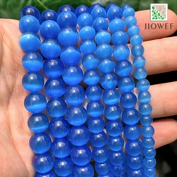 Prirodni Tamno Plava Gladak Mačka Oko Opal je Kamen Okrugli Slobodan Perle za Izradu Nakita DIY Narukvice Pribor 15 