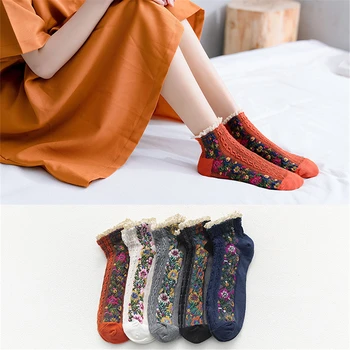 Proljeće Etničke Stilski Roza Kovrčava Držači Pamučne Kratke Twist-Uzorak Slatka Svježe Japanski Klasicni Mali Cvjetni Čarape Do Gležnja Palača Лолиты