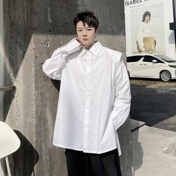 Proljeće Sprijeda Kratke Iza Duge Bočne Rez Slobodna Košulja Muška Koreanska Verzija Modni Trend Lagan Luksuzni Jastuk Na Ramena S Dugim Rukavima Shir