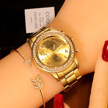 Satovi Geneva Klasična Replika Satova Sa Štrasom Satovi Ženski Modni Zlatni Sat Reloj Mujer Montre Femme
