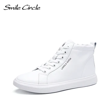 Smile Circle/2019 proljeće Bijele Tenisice; Ženske cipele na ravnoj platformi od prave kože; Svakodnevni Ženske cipele s visokim берцем