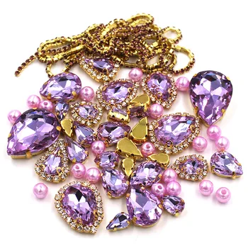 Svadbena dekoracija je zlatna osnova Crystal violet Mix veličina Staklo Kristalno Kamenje Biserne Perle Šalica Lanac Obruč Rhinestones Šivati Odjeću