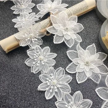 Tanki Bijeli Organza cvjetne čipke i Tila Tkivo 3D Perle Cvijeće Vez Traka Trim Rubovima Za DIY Šivanje Reza Za Odijevanje Haljina Aplicirano
