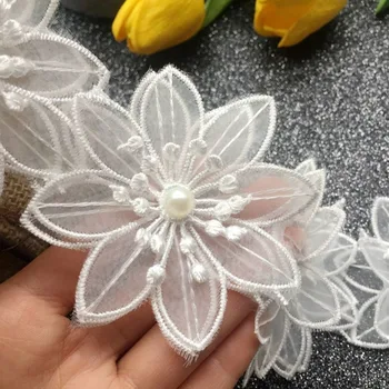 Tanki Bijeli Organza cvjetne čipke i Tila Tkivo 3D Perle Cvijeće Vez Traka Trim Rubovima Za DIY Šivanje Reza Za Odijevanje Haljina Aplicirano 1