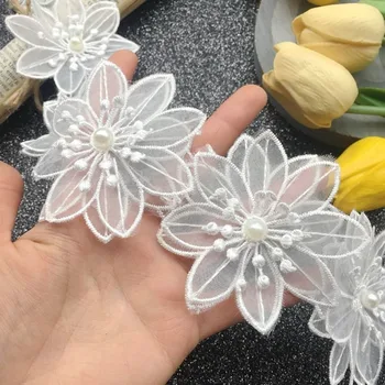 Tanki Bijeli Organza cvjetne čipke i Tila Tkivo 3D Perle Cvijeće Vez Traka Trim Rubovima Za DIY Šivanje Reza Za Odijevanje Haljina Aplicirano 2