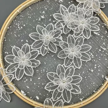 Tanki Bijeli Organza cvjetne čipke i Tila Tkivo 3D Perle Cvijeće Vez Traka Trim Rubovima Za DIY Šivanje Reza Za Odijevanje Haljina Aplicirano 3