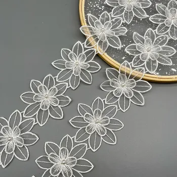 Tanki Bijeli Organza cvjetne čipke i Tila Tkivo 3D Perle Cvijeće Vez Traka Trim Rubovima Za DIY Šivanje Reza Za Odijevanje Haljina Aplicirano 4