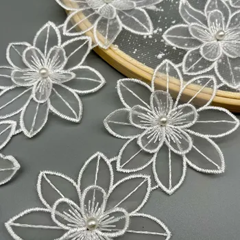 Tanki Bijeli Organza cvjetne čipke i Tila Tkivo 3D Perle Cvijeće Vez Traka Trim Rubovima Za DIY Šivanje Reza Za Odijevanje Haljina Aplicirano 5