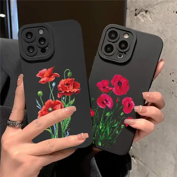 Torbica Za Telefon Poppy Flower Bloom Crne Boje Za iPhone 7 8 Plus SE 2020 13 12 11 Pro Max X XS XR Mekana Silikonska Torbica Funda Školjke