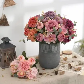 Umjetno Cvijeće Klasicni Svileni Buket Ruža Hortenzija Božur Vintage Mladoženja Drži U Rukama Lažni Biljke Pribor Za Kućnu Svadbeni Nakit