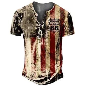 Vintage Američka Majica s V-izrez i Gumbe Route 66, Gotička Majica Kratkih Rukava Za Muškarce, Prevelike Majice, t-Shirt, Muška Uličnu Odjeću U Stilu Punk 0