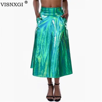 VISNXGI visokim Strukom Nabrane Velike Suknje Ljuljačka Metal Sjajna Suknja S Džep Na patentni zatvarači Večernji Club Odjeća Midi Elastična Zlatna Odjeća 0