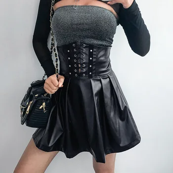 Ženska Crna Koža Mini-suknja Trapeznog Oblika čipka-up S Visokim Strukom U Stilu rave rock, steampunk, Modna Odjeća Za dobar provod U Noćnom Klubu, Jeftini Gotički Suknje 0